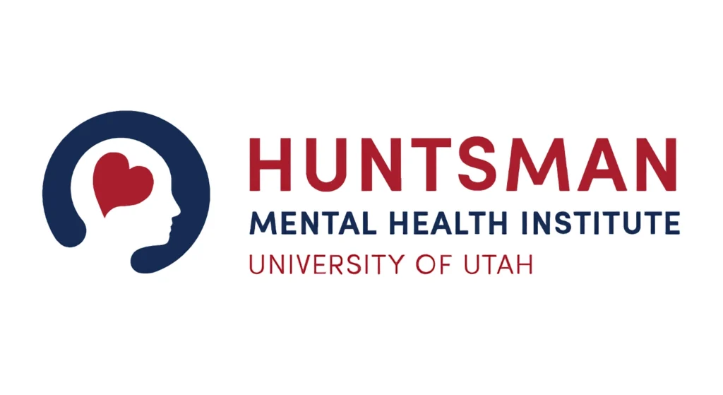 Logotipo del Instituto Huntsman de Salud Mental de la Universidad de Utah, con la silueta de una cabeza y un corazón rojo en su interior, junto al nombre del instituto en texto rojo y azul.
